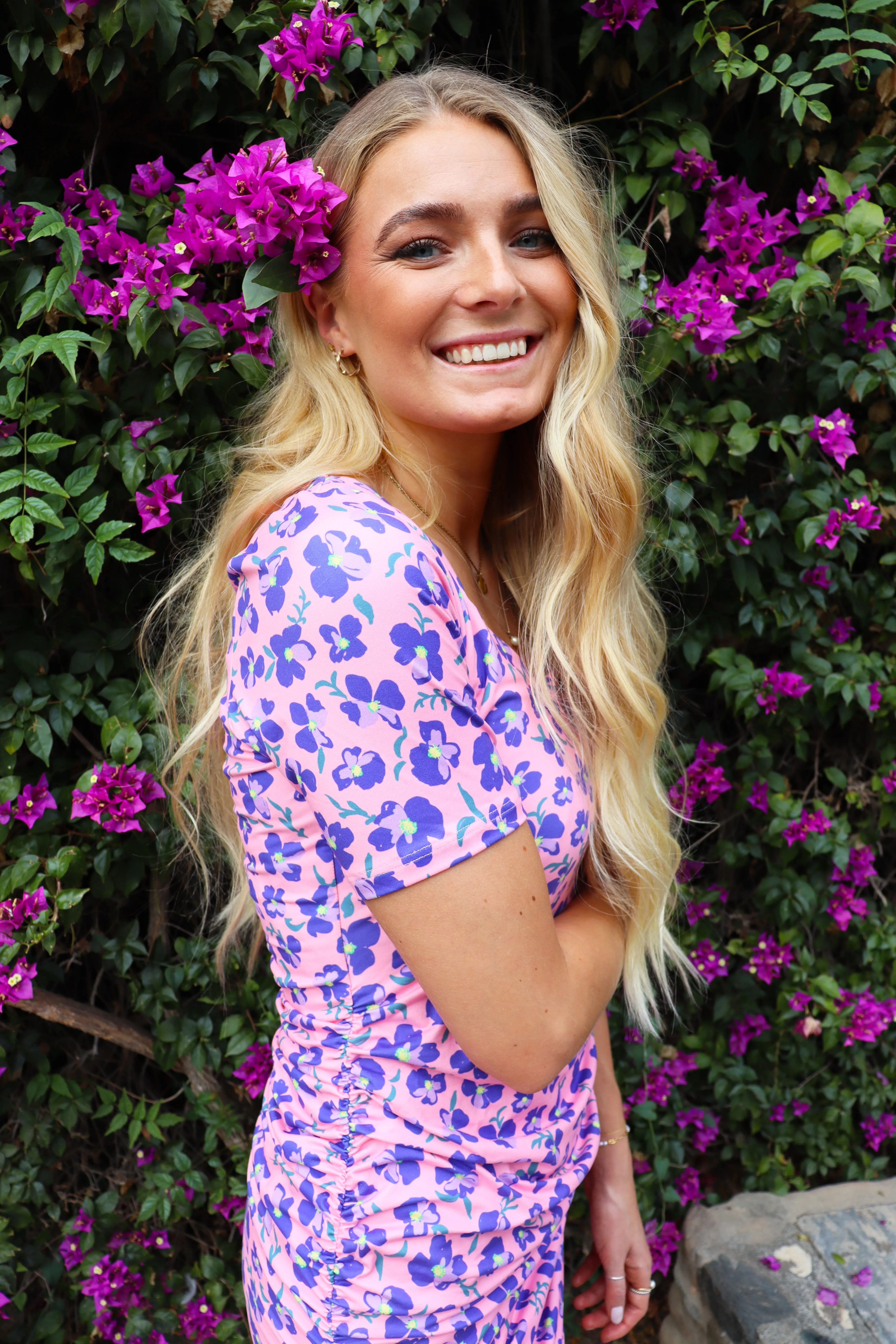 Alma Ss Turn Dress | Pink Purple Flower | Kjole fra Liberté