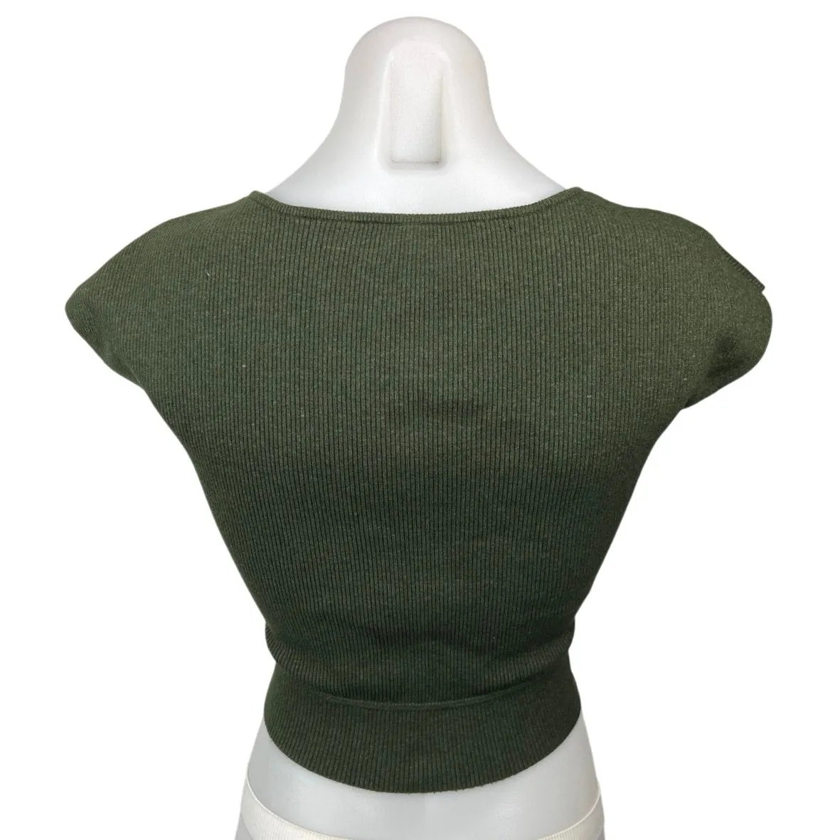 Aritzia Wilfred Olive Green Ribbed Knit Cutout Cap Sleeve Cropped Sweater Top M