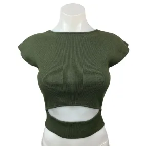 Aritzia Wilfred Olive Green Ribbed Knit Cutout Cap Sleeve Cropped Sweater Top M