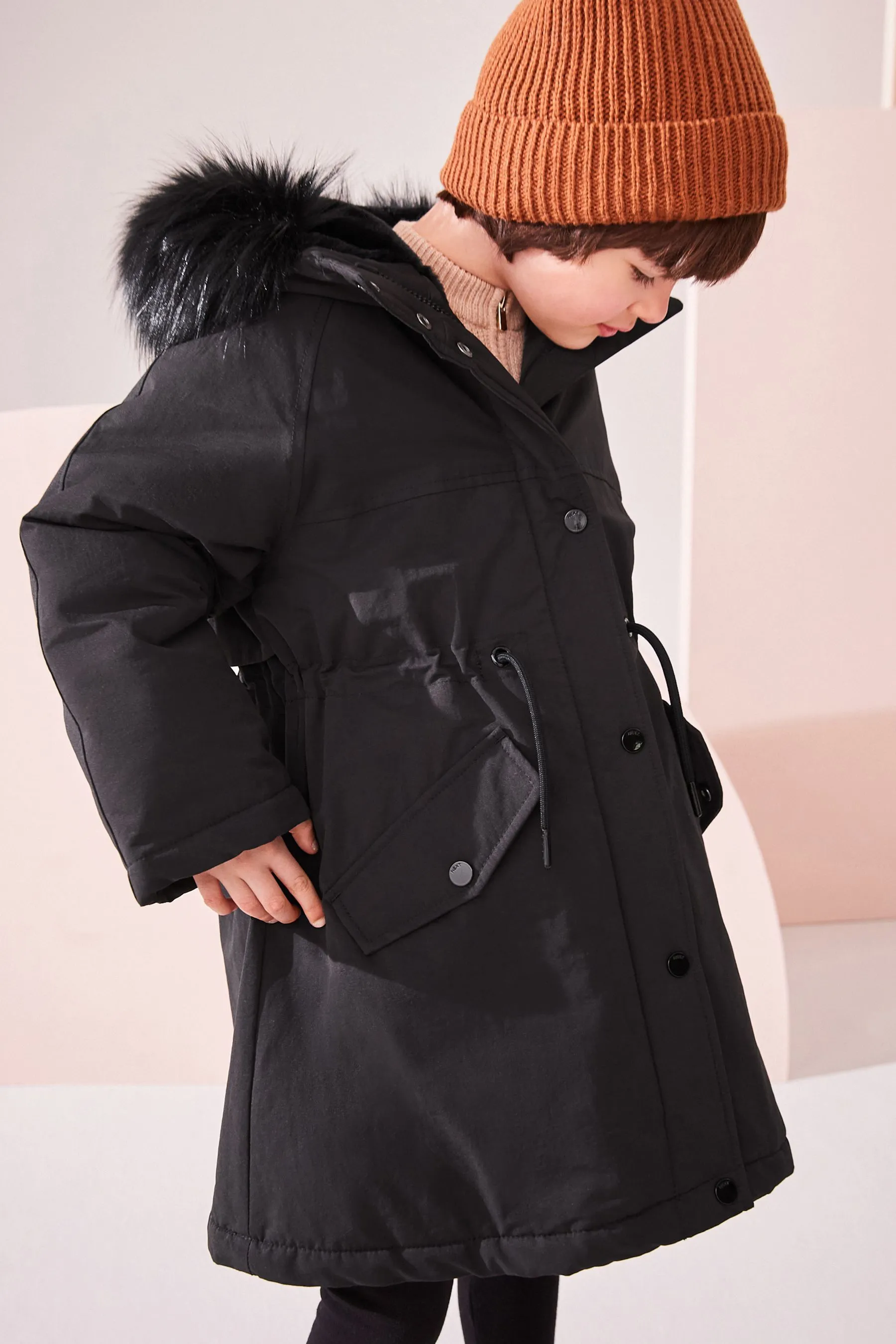 Black Shower Resistant Faux Fur Trim Parka (3-16yrs)