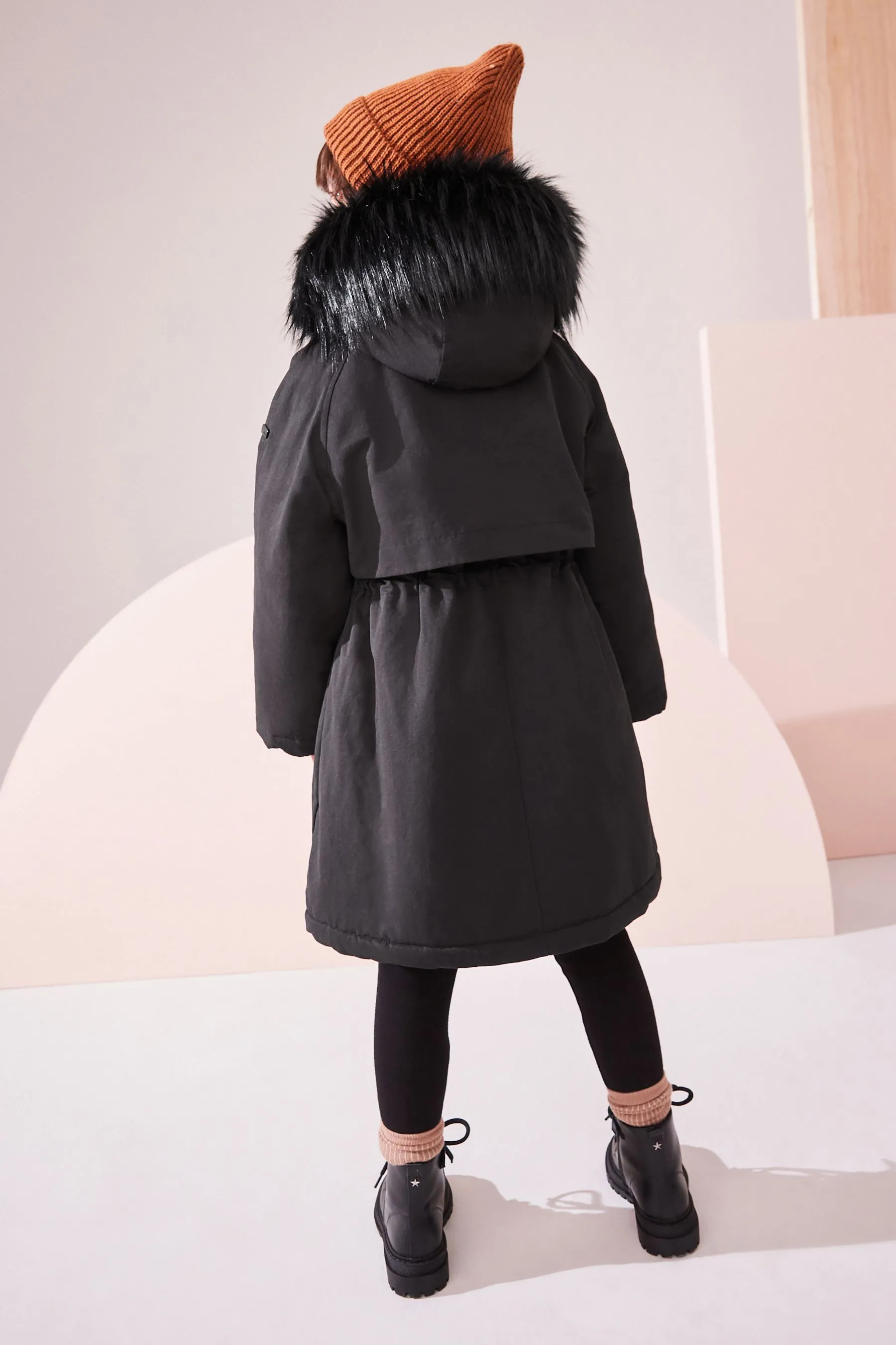 Black Shower Resistant Faux Fur Trim Parka (3-16yrs)