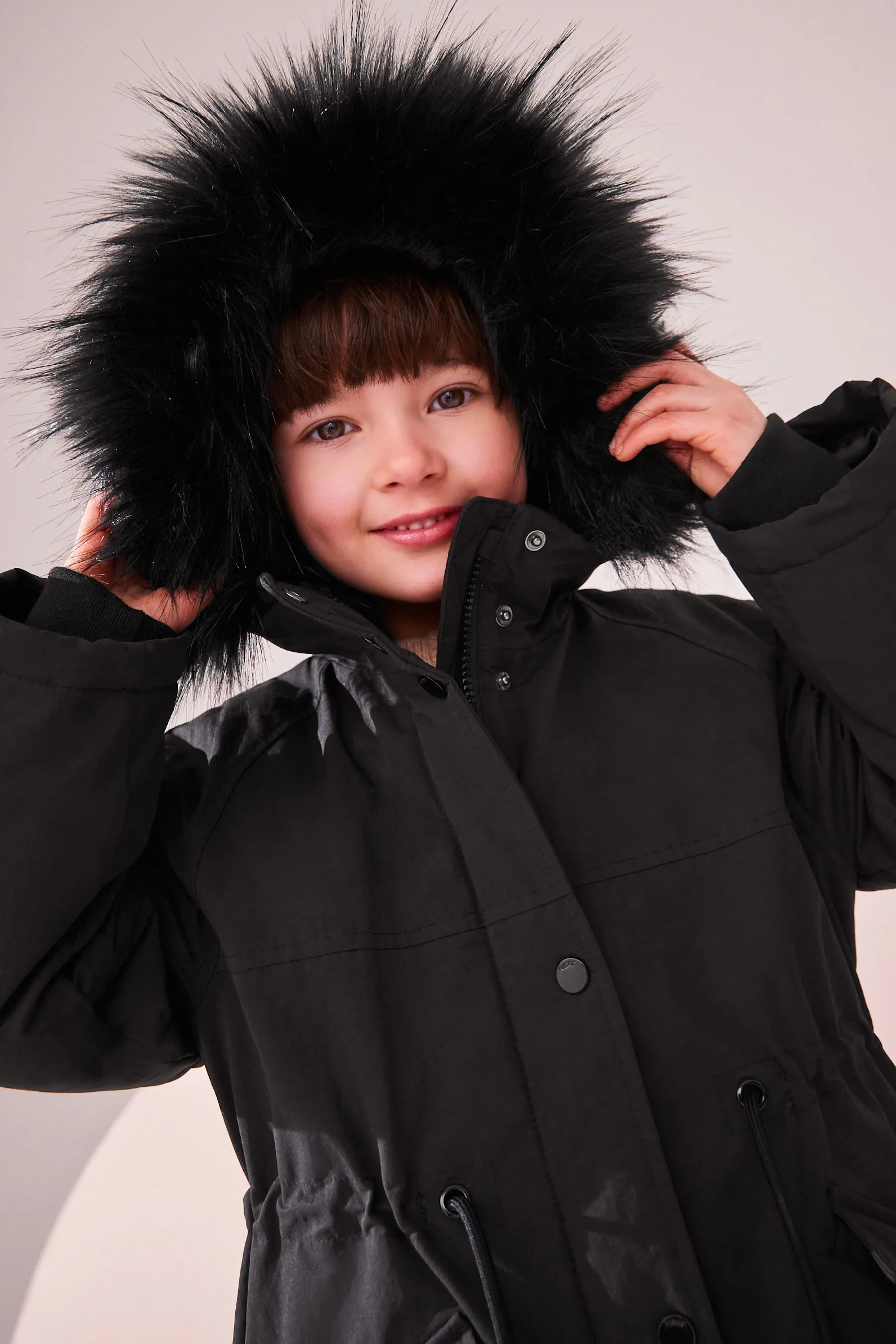 Black Shower Resistant Faux Fur Trim Parka (3-16yrs)