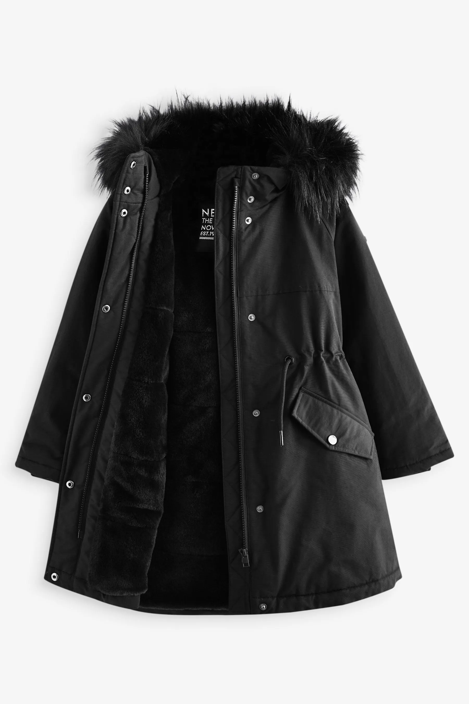 Black Shower Resistant Faux Fur Trim Parka (3-16yrs)