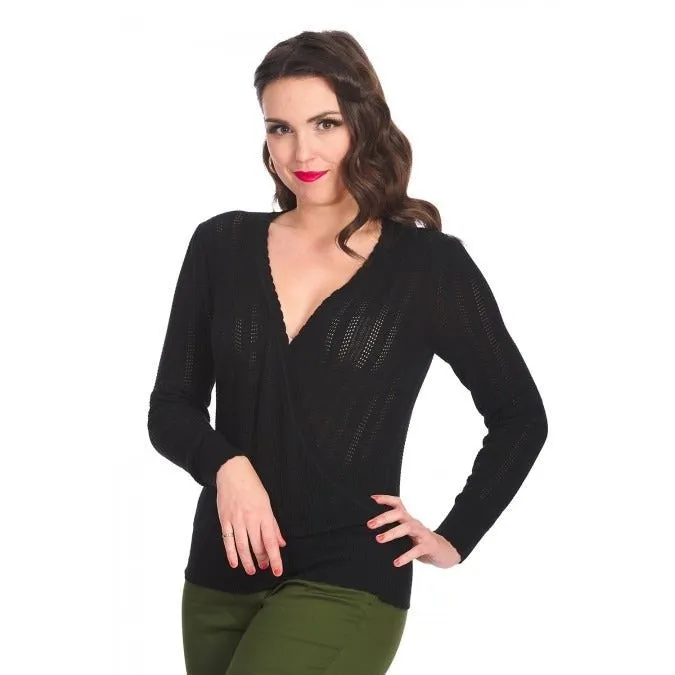 Black Vintage Long Sleeve Knitted Wrap Effect Top