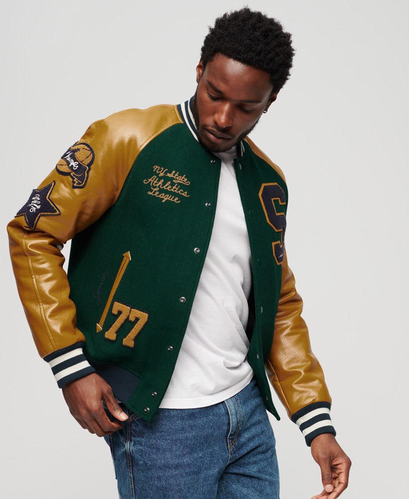 College Varsity Patched Bomber Jacket | Enamel Green