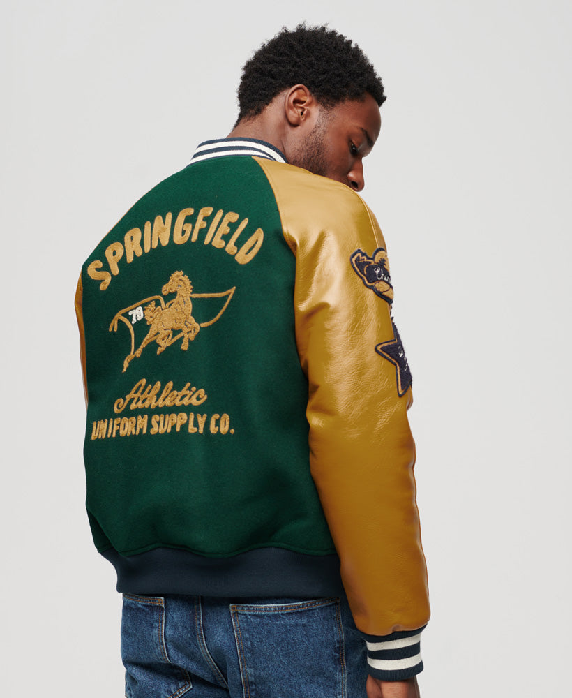 College Varsity Patched Bomber Jacket | Enamel Green