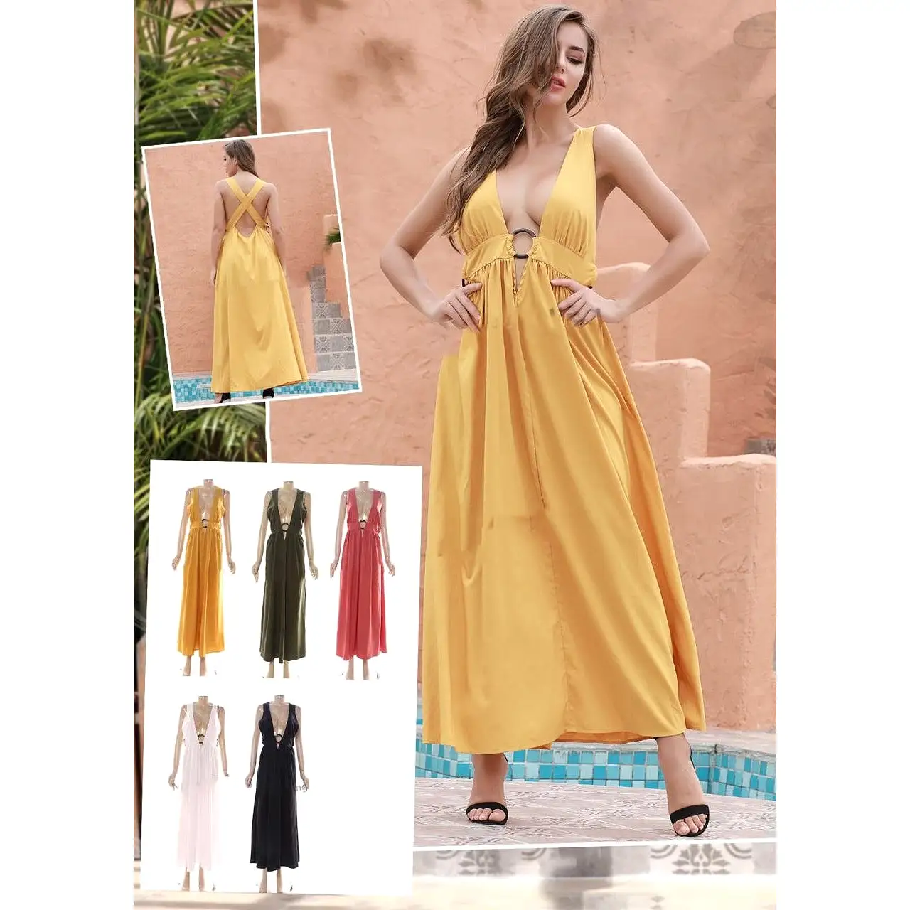 Deep V-Neck Sleeveless Maxi Dress