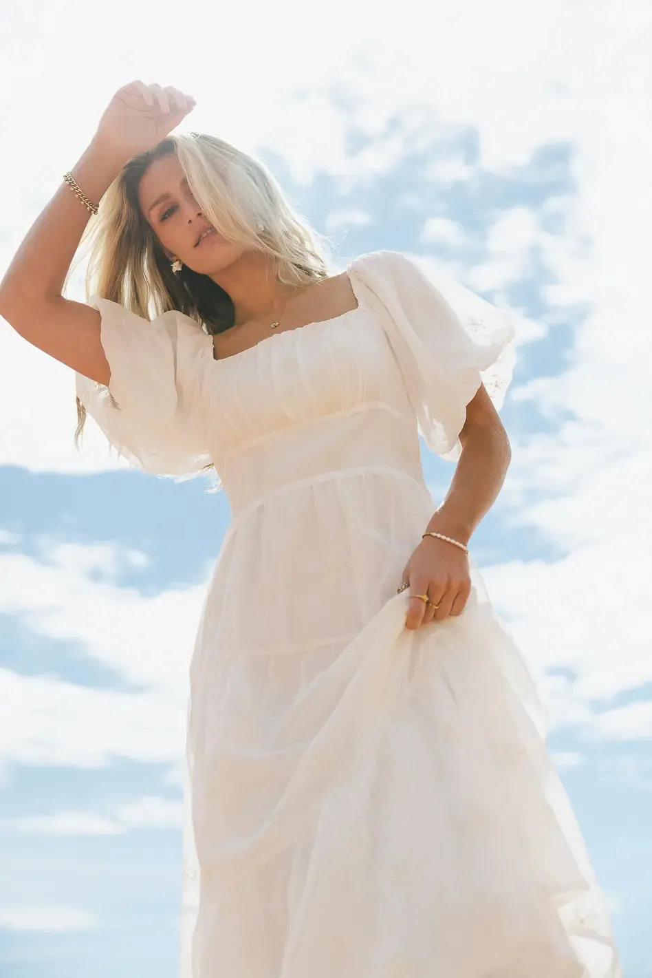 Floral Embroidered Puff Sleeve Dress in Cream - FINAL SALE