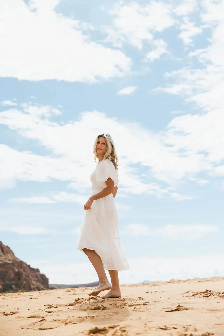 Floral Embroidered Puff Sleeve Dress in Cream - FINAL SALE