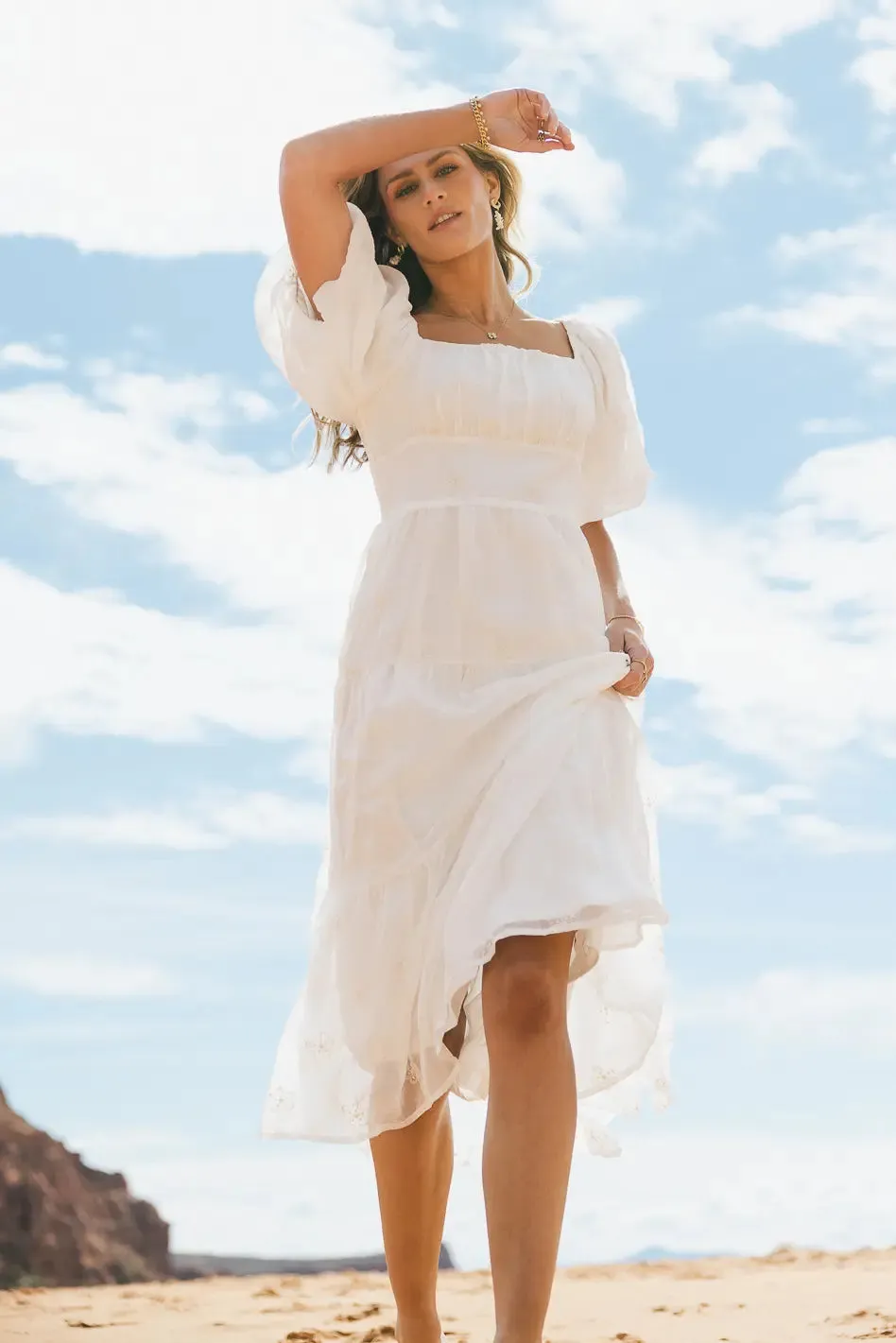 Floral Embroidered Puff Sleeve Dress in Cream - FINAL SALE