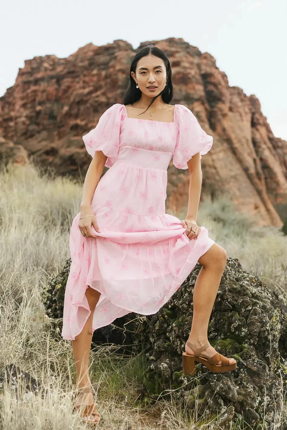 Floral Embroidered Puff Sleeve Dress in Pink - FINAL SALE