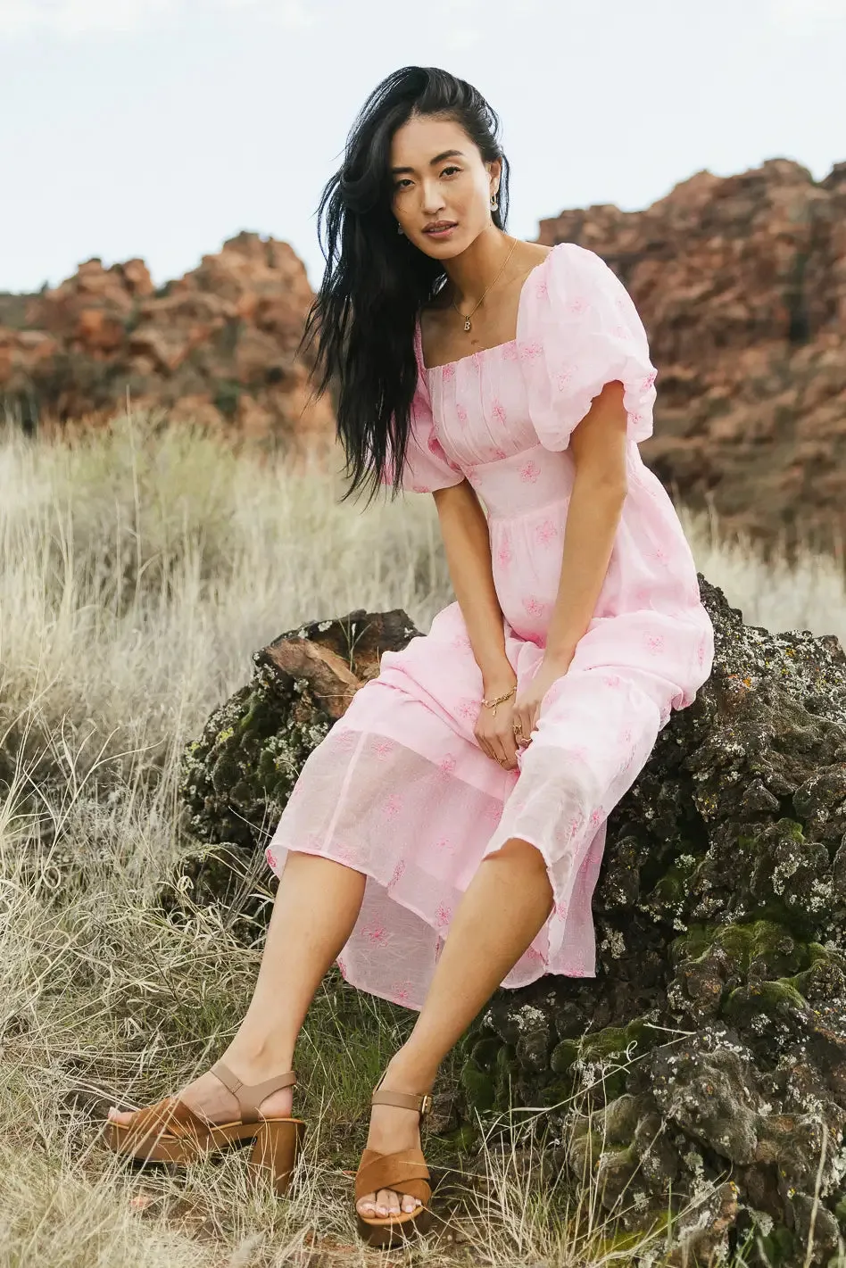 Floral Embroidered Puff Sleeve Dress in Pink - FINAL SALE