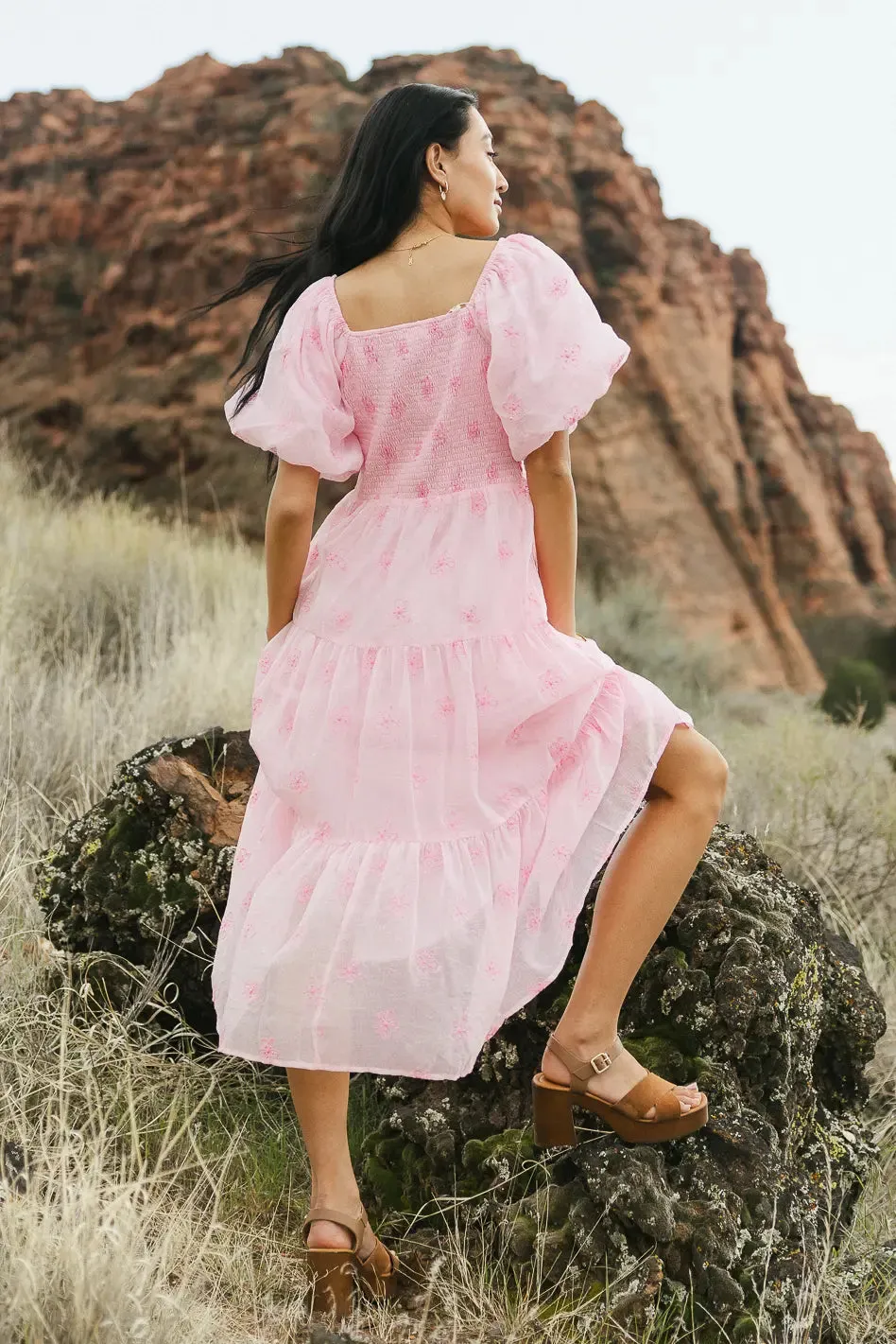 Floral Embroidered Puff Sleeve Dress in Pink - FINAL SALE