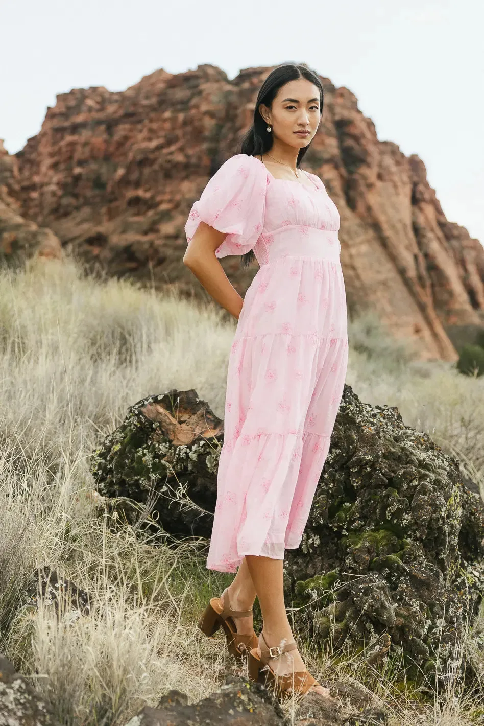 Floral Embroidered Puff Sleeve Dress in Pink - FINAL SALE