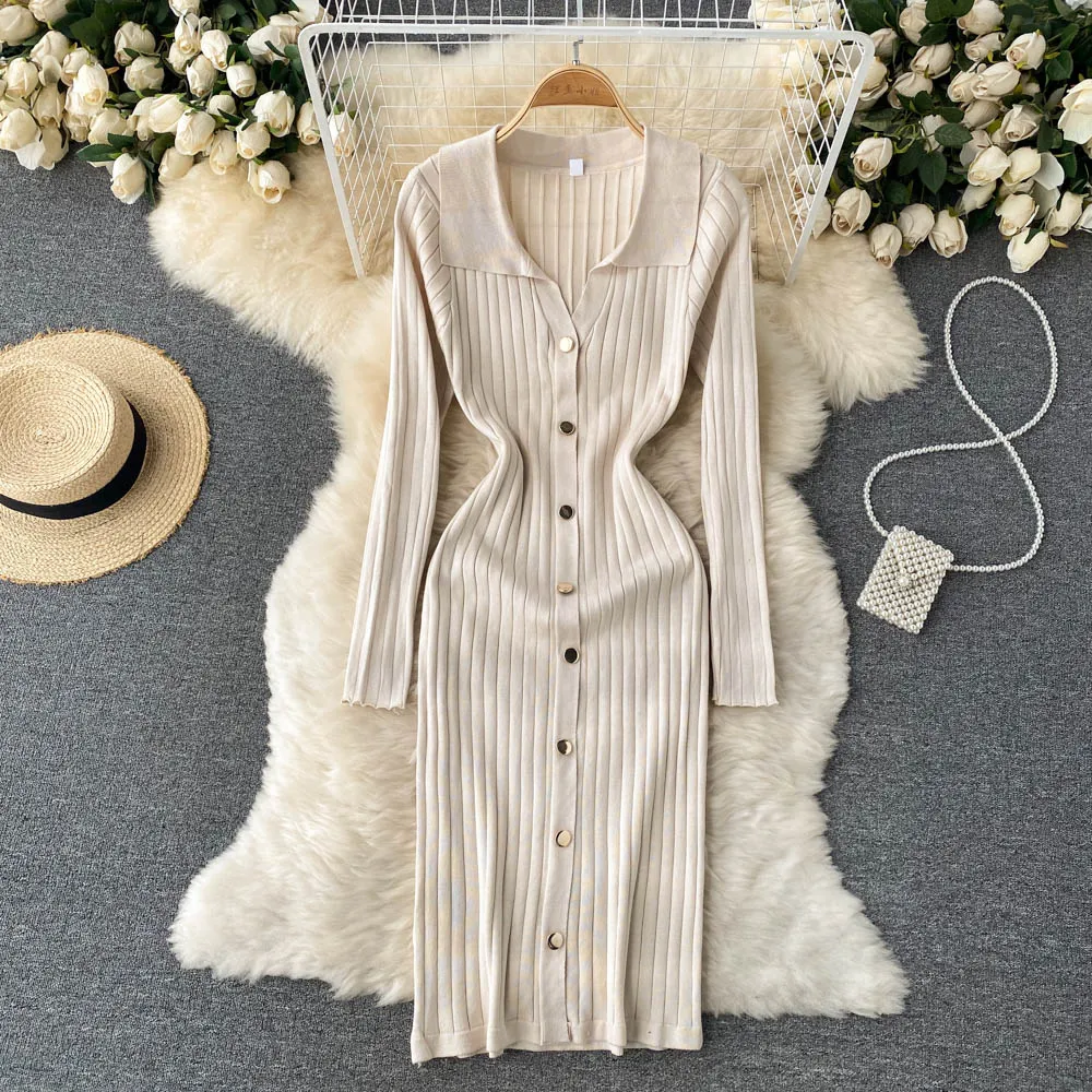 Front Button Ribbed Sweater Dress Polo Collar Sexy Knitted Bodycon Midi Dress Women Clothing