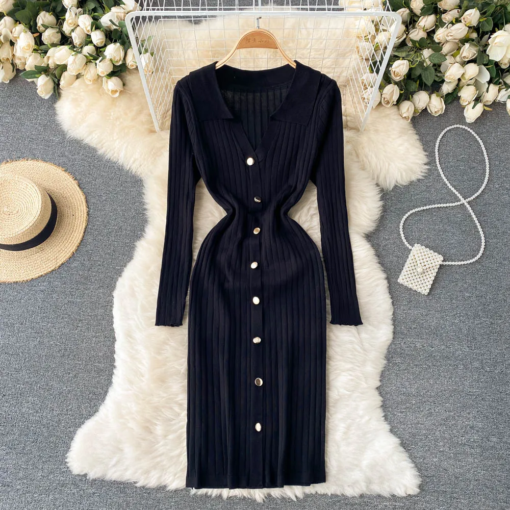 Front Button Ribbed Sweater Dress Polo Collar Sexy Knitted Bodycon Midi Dress Women Clothing