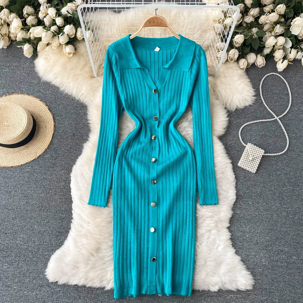 Front Button Ribbed Sweater Dress Polo Collar Sexy Knitted Bodycon Midi Dress Women Clothing