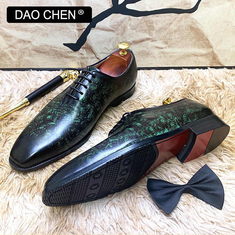 GREEN OXFORD SHOES LACE UP HAND-POLISHED REAL LEATHER WEDDING SHOES