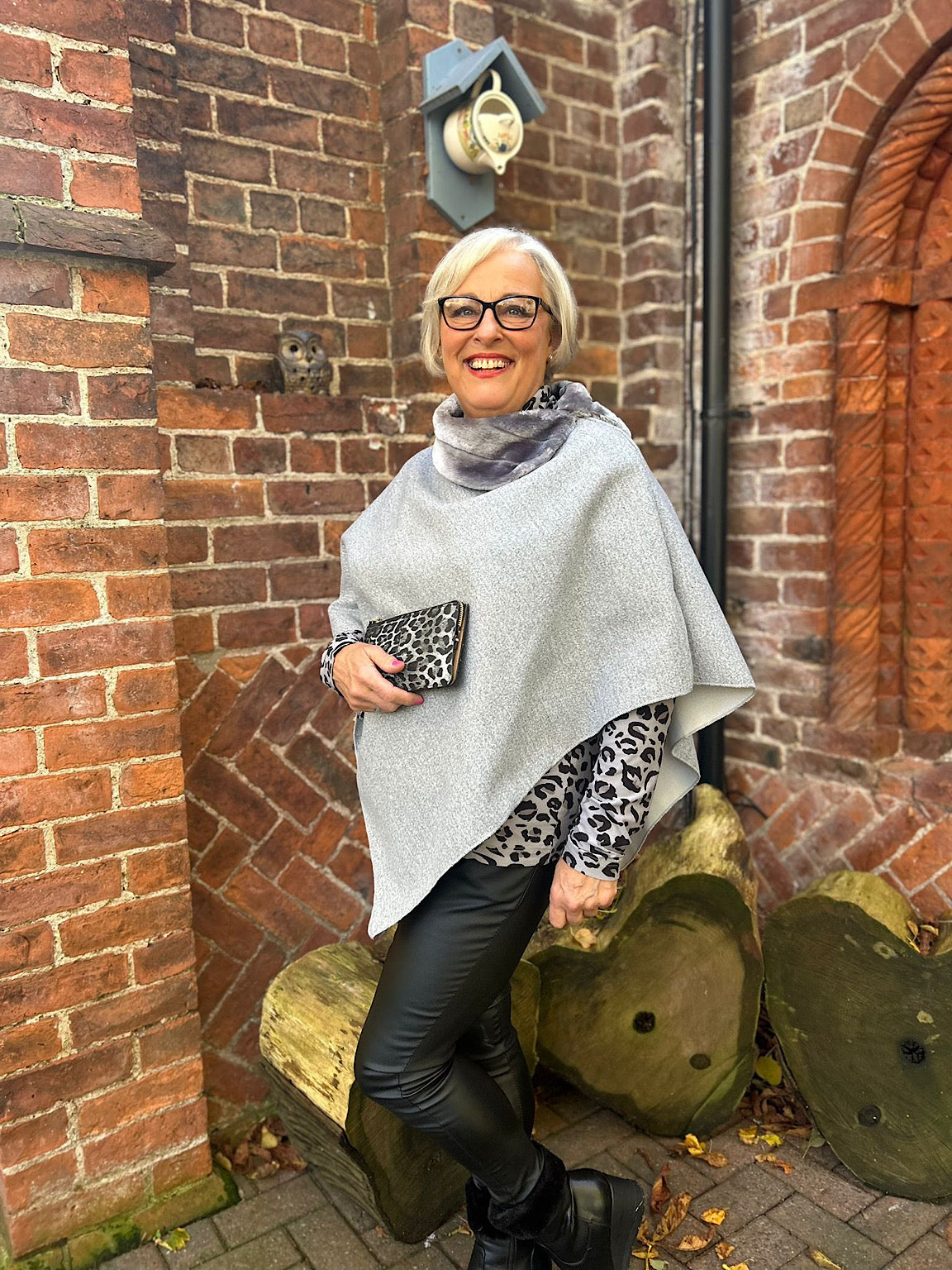 Grey Faux Fur Trim Poncho Devon