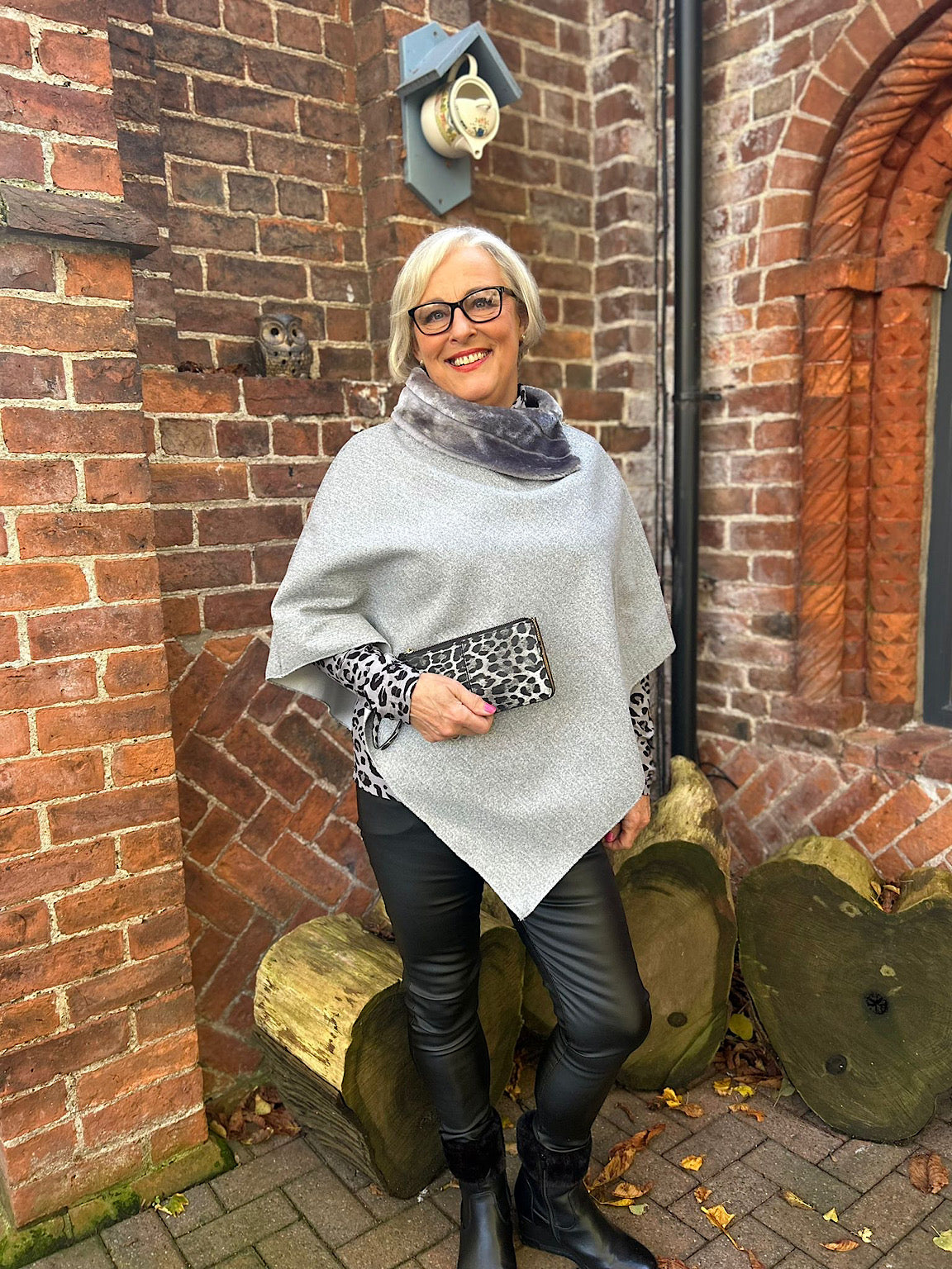 Grey Faux Fur Trim Poncho Devon