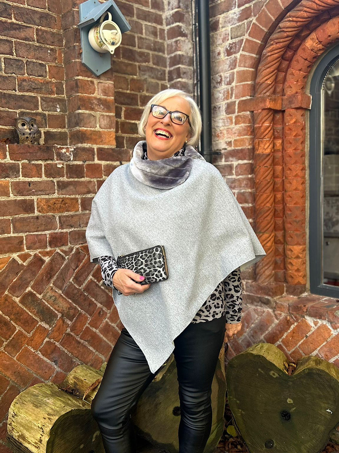 Grey Faux Fur Trim Poncho Devon