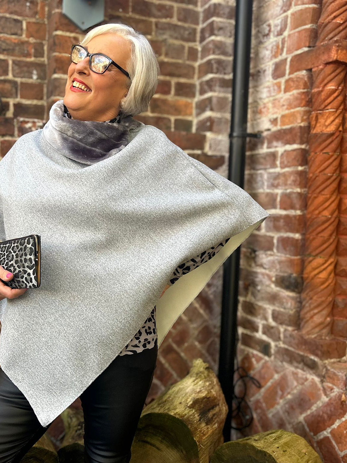 Grey Faux Fur Trim Poncho Devon