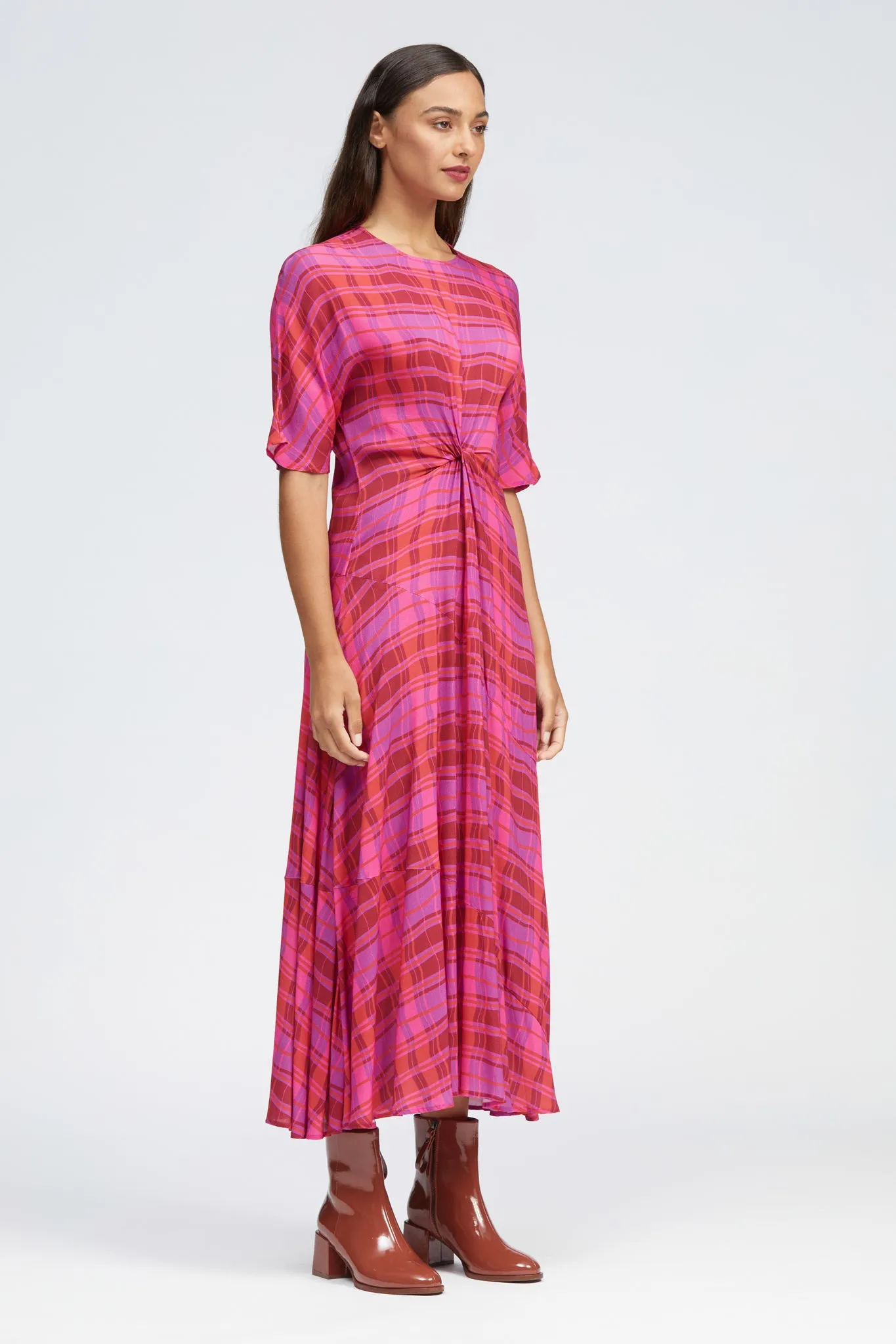 Heden Midi Dress Pink Warped Check Print