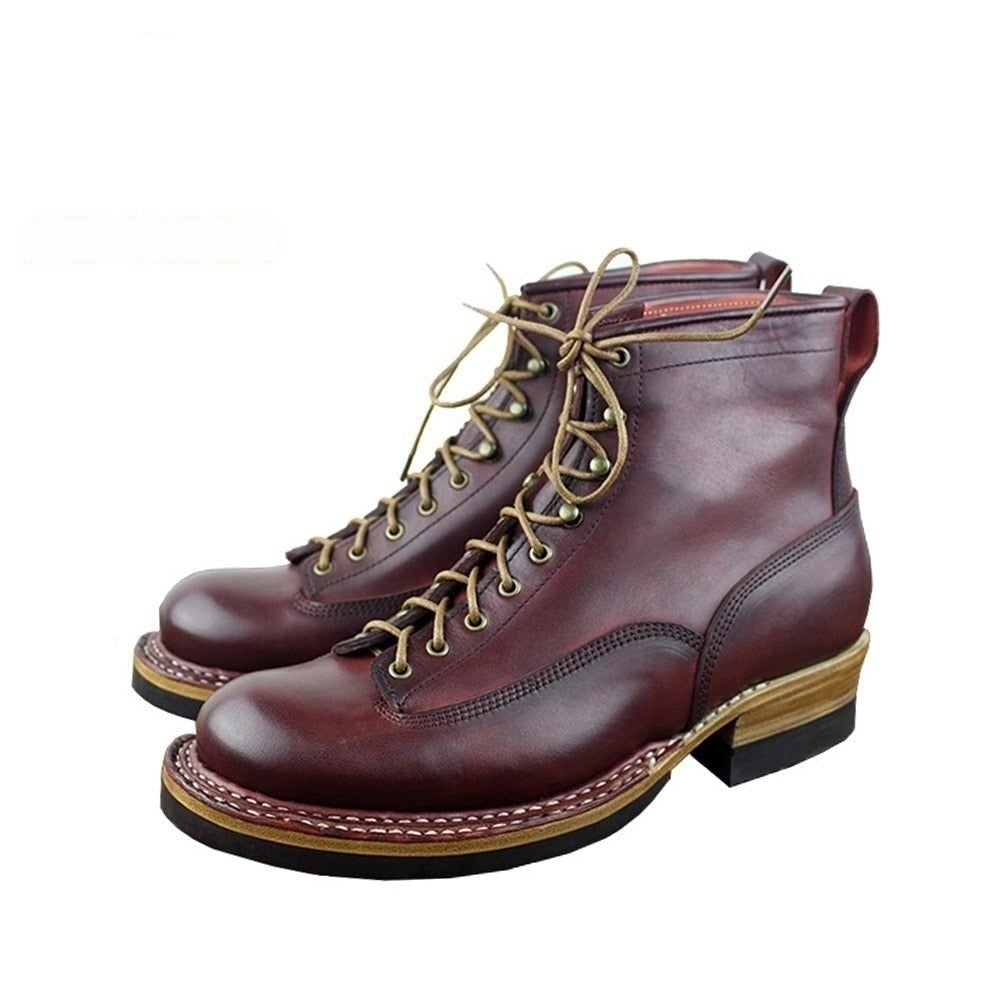 Italian Cowboy Style Round Toe Lace Up Welted Ankle Boots for Men