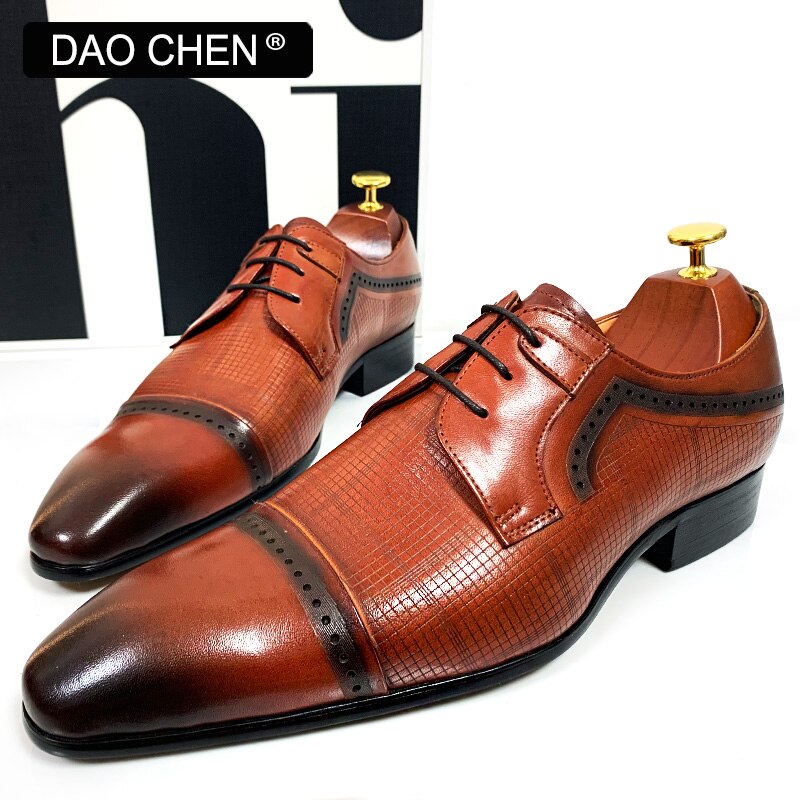 ITALIAN MEN DRESS SHOES ENGRAVED PLAID SHOES LACE UP GENUINE LEATHER