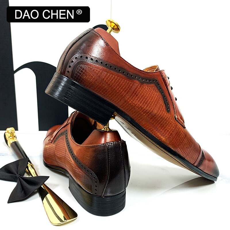 ITALIAN MEN DRESS SHOES ENGRAVED PLAID SHOES LACE UP GENUINE LEATHER