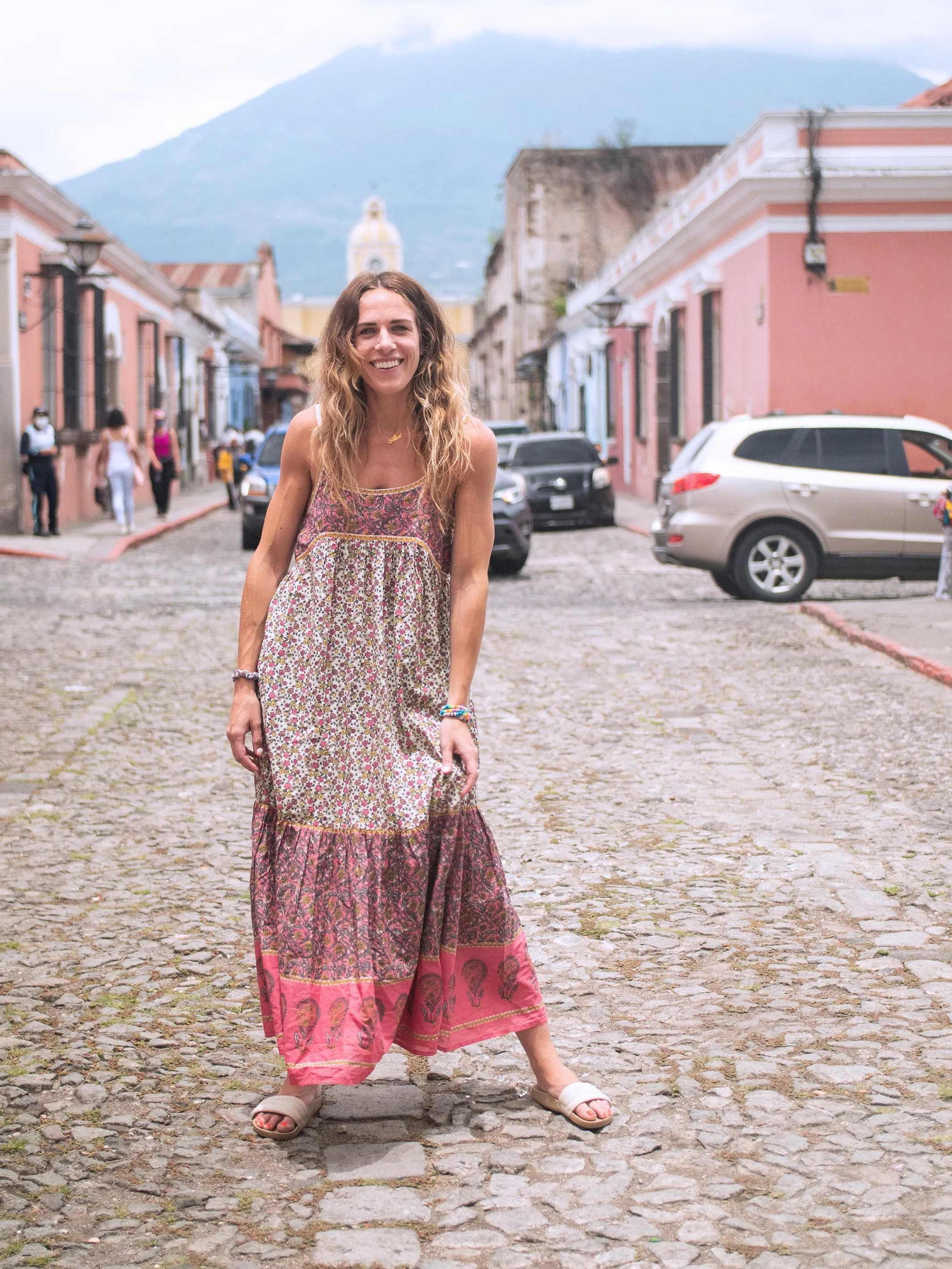 Journey Boho Cotton Maxi Dress - Pink Floral Border