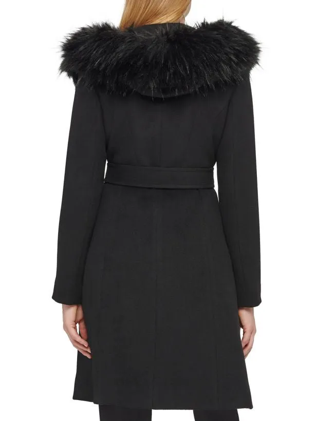 Karl Lagerfeld Faux Fur Trim Wool Blend Coat