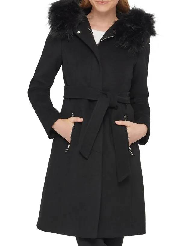 Karl Lagerfeld Faux Fur Trim Wool Blend Coat