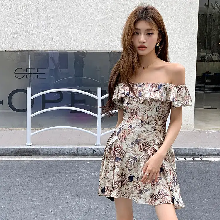 Leaves Pattern Off-Shoulder Dress