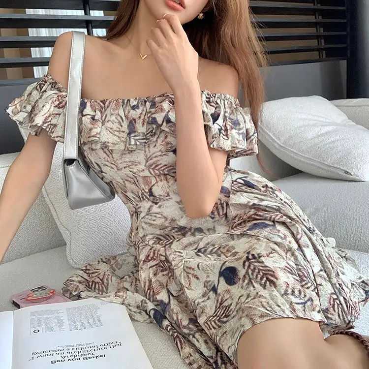 Leaves Pattern Off-Shoulder Dress