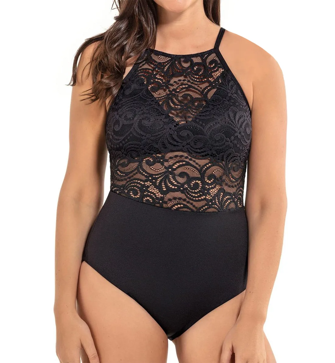 Leonisa Lace High Neck One Piece Swimsuit (190880) - Black