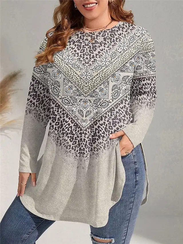 Leopard Paisley Print Plus Size Long Sleeve Dress