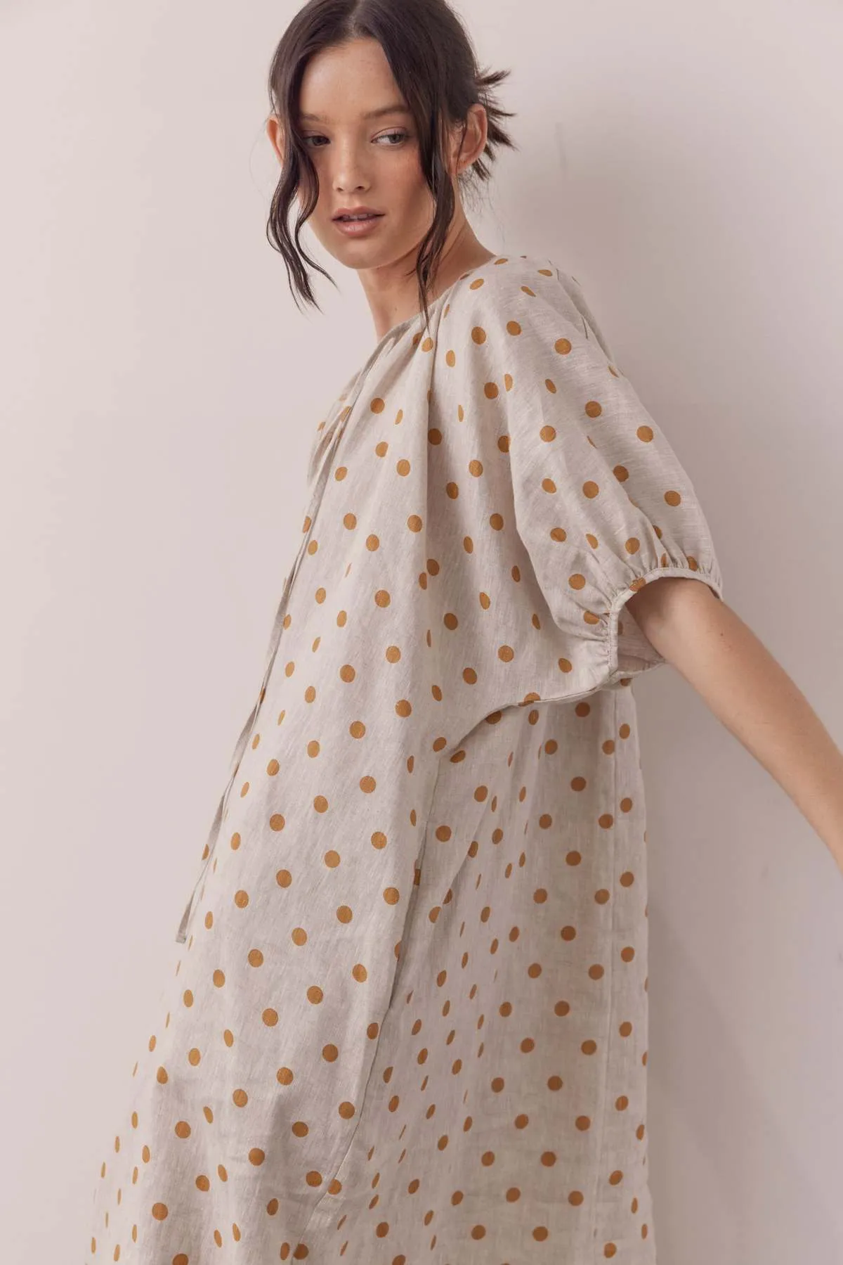 Linen polka dot puff sleeve dress - Beige/Mustard