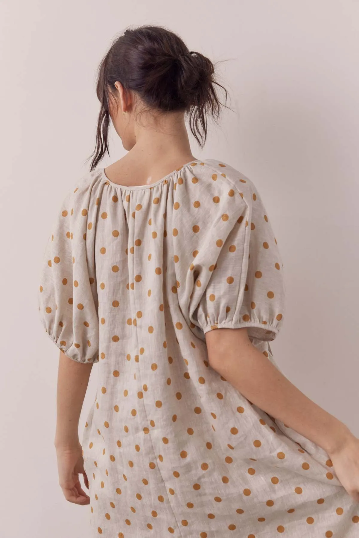 Linen polka dot puff sleeve dress - Beige/Mustard