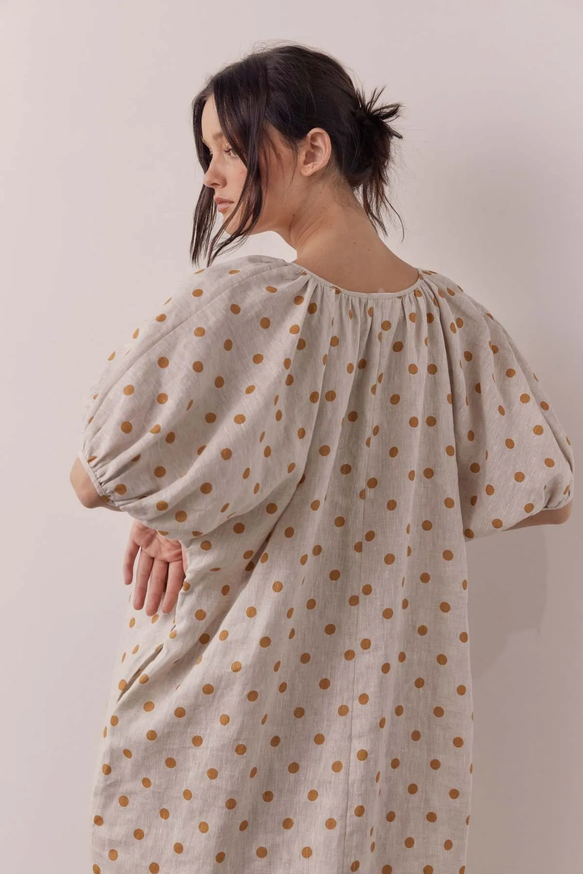 Linen polka dot puff sleeve dress - Beige/Mustard