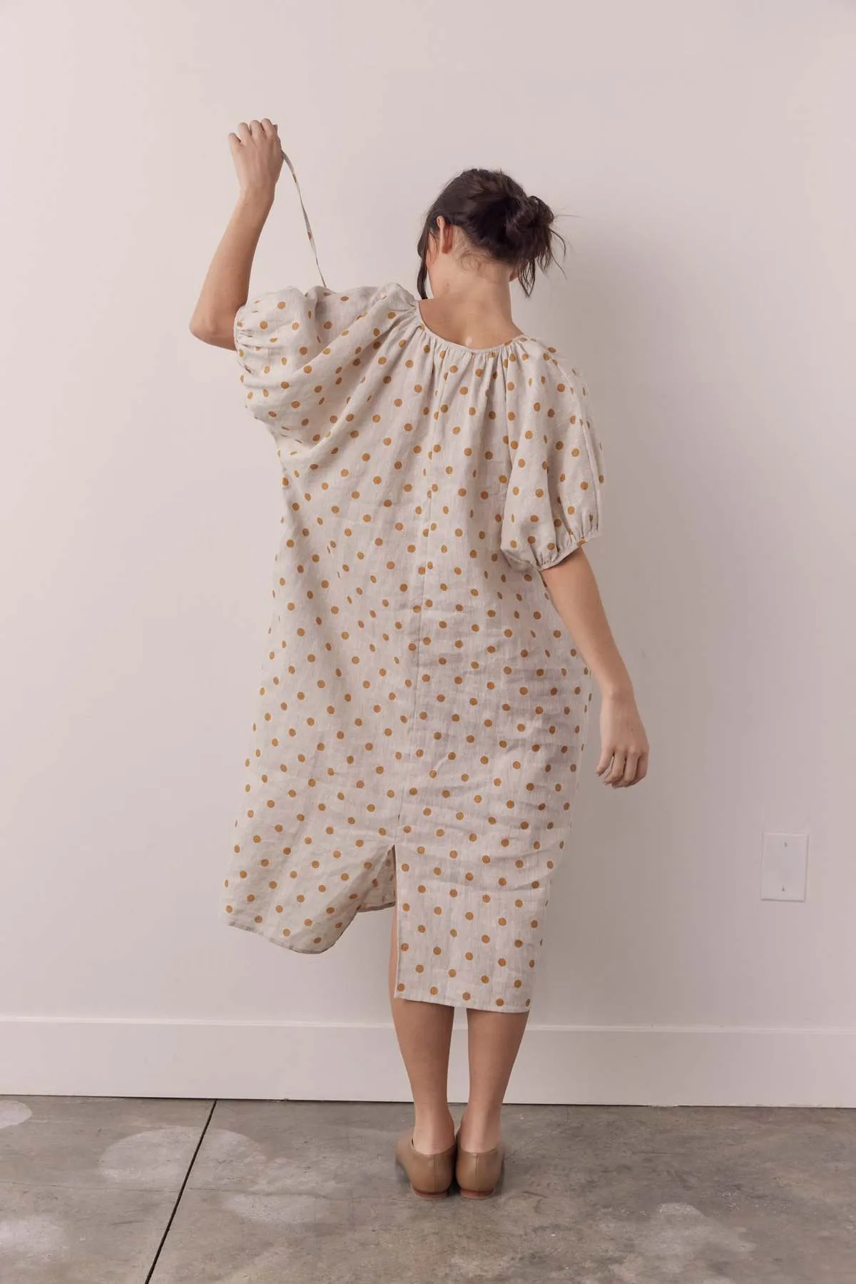 Linen polka dot puff sleeve dress - Beige/Mustard