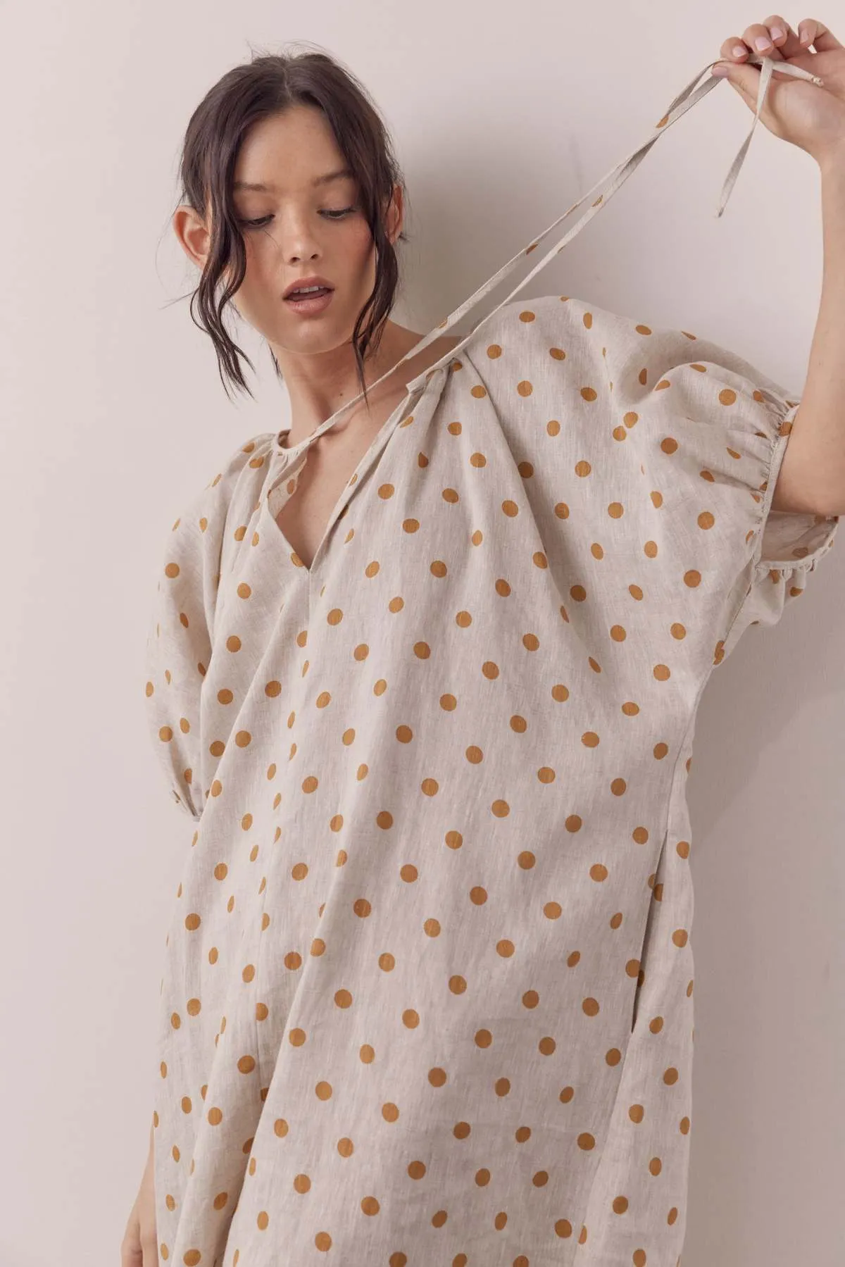 Linen polka dot puff sleeve dress - Beige/Mustard