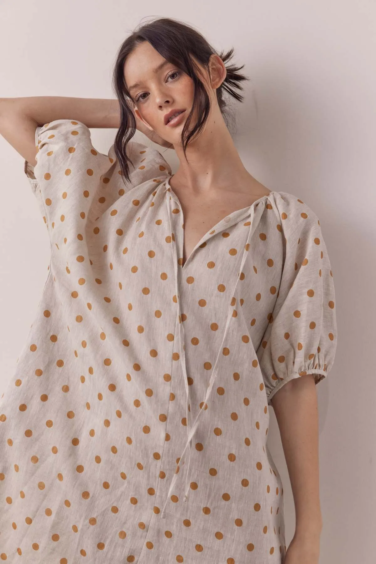 Linen polka dot puff sleeve dress - Beige/Mustard