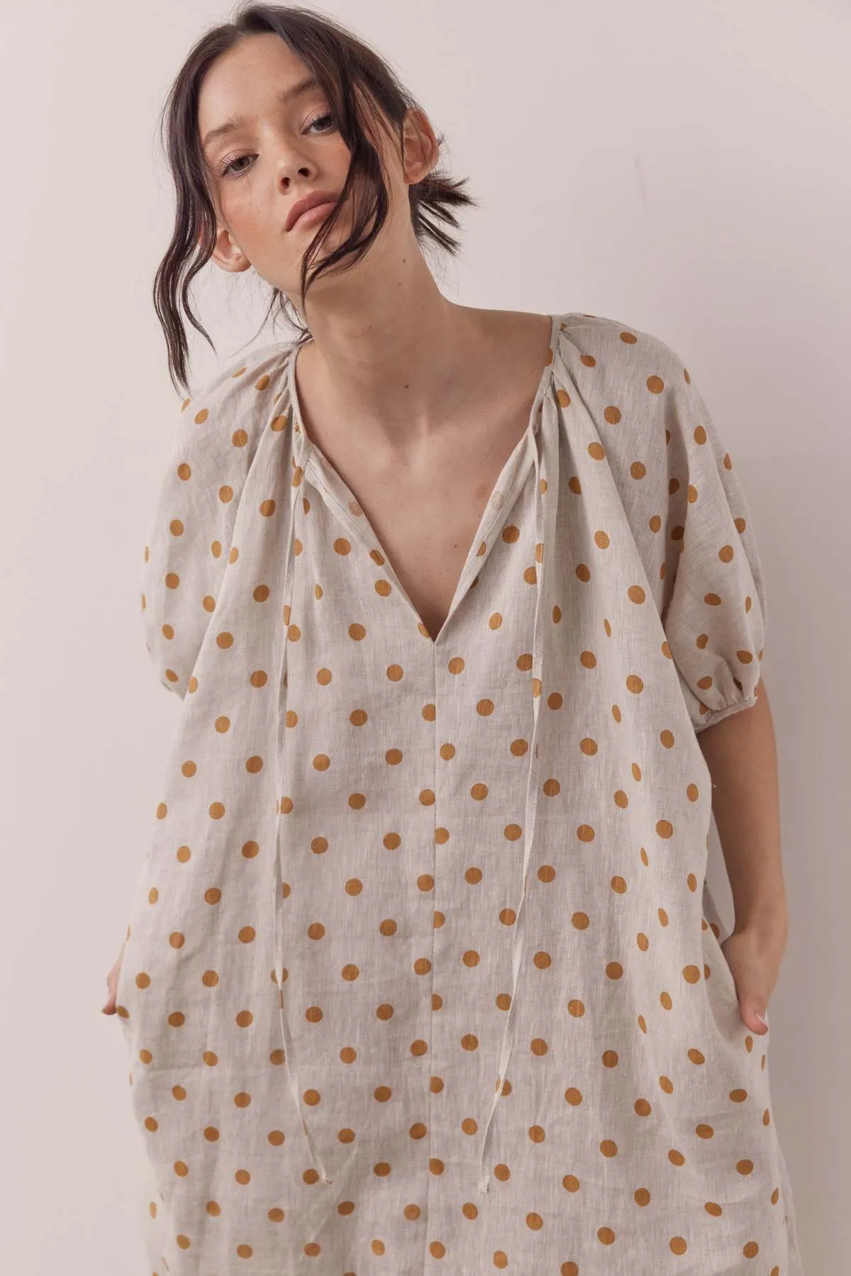 Linen polka dot puff sleeve dress - Beige/Mustard