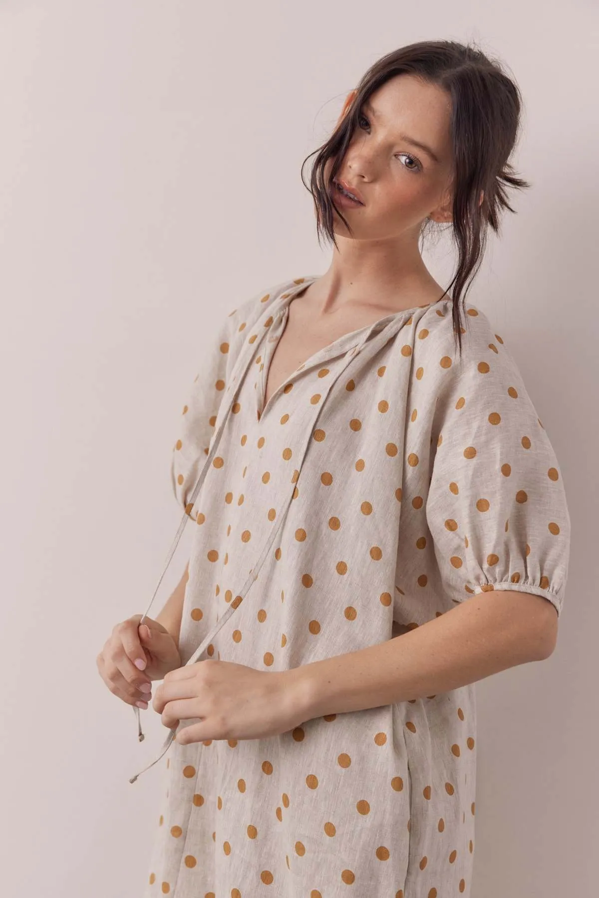 Linen polka dot puff sleeve dress - Beige/Mustard