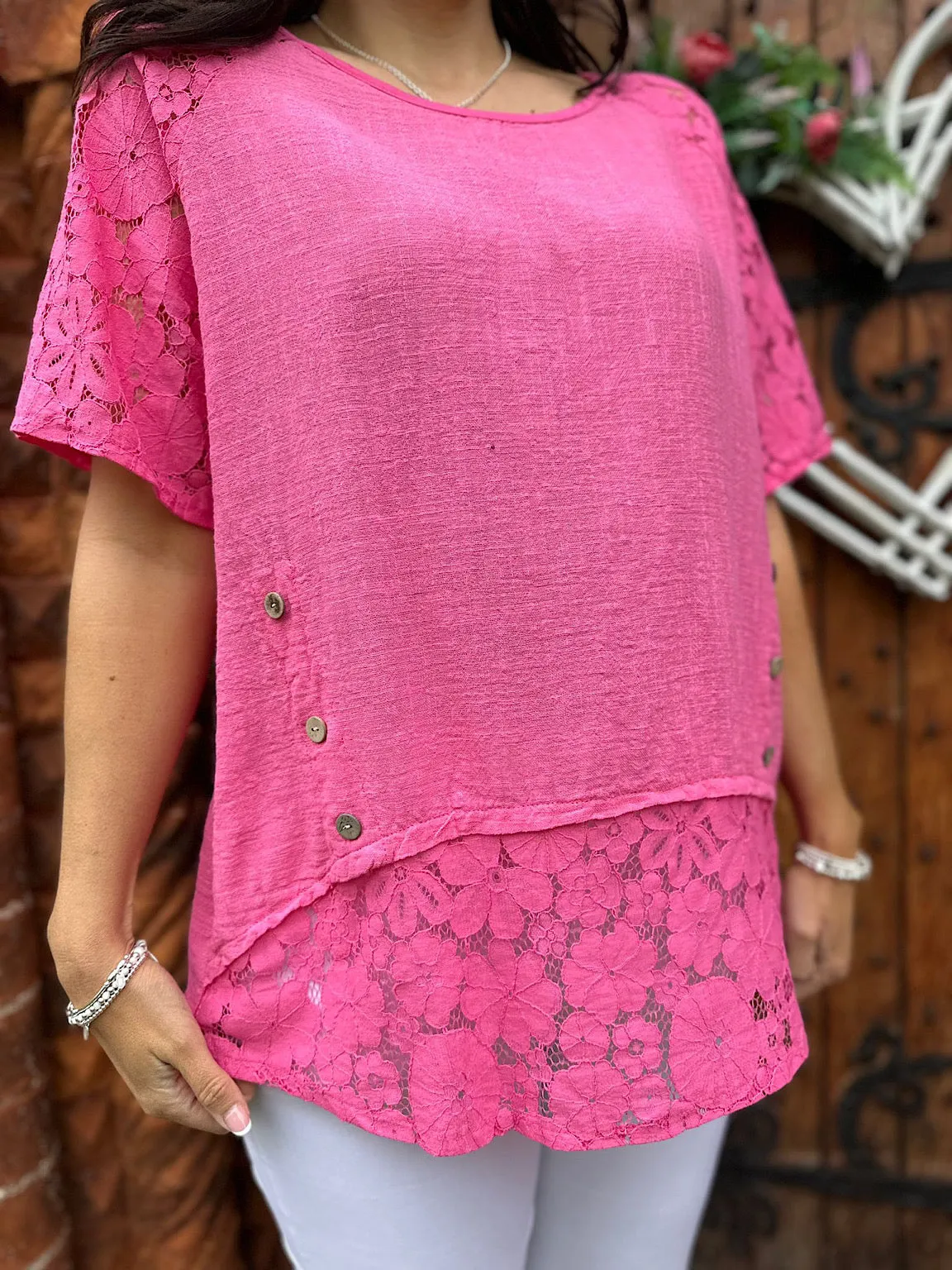 Lipstick Pink Lace Hem Button Detail Top Jayne