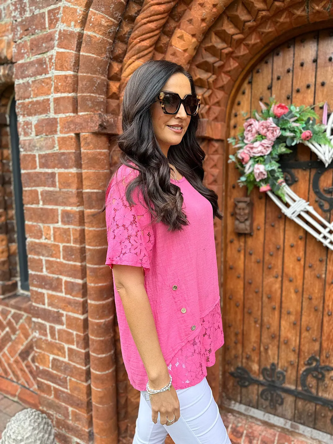 Lipstick Pink Lace Hem Button Detail Top Jayne