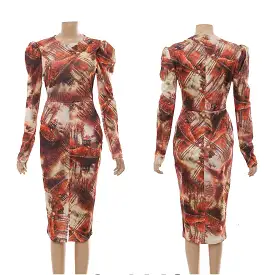 Long Sleeve Print Bodycon Dress