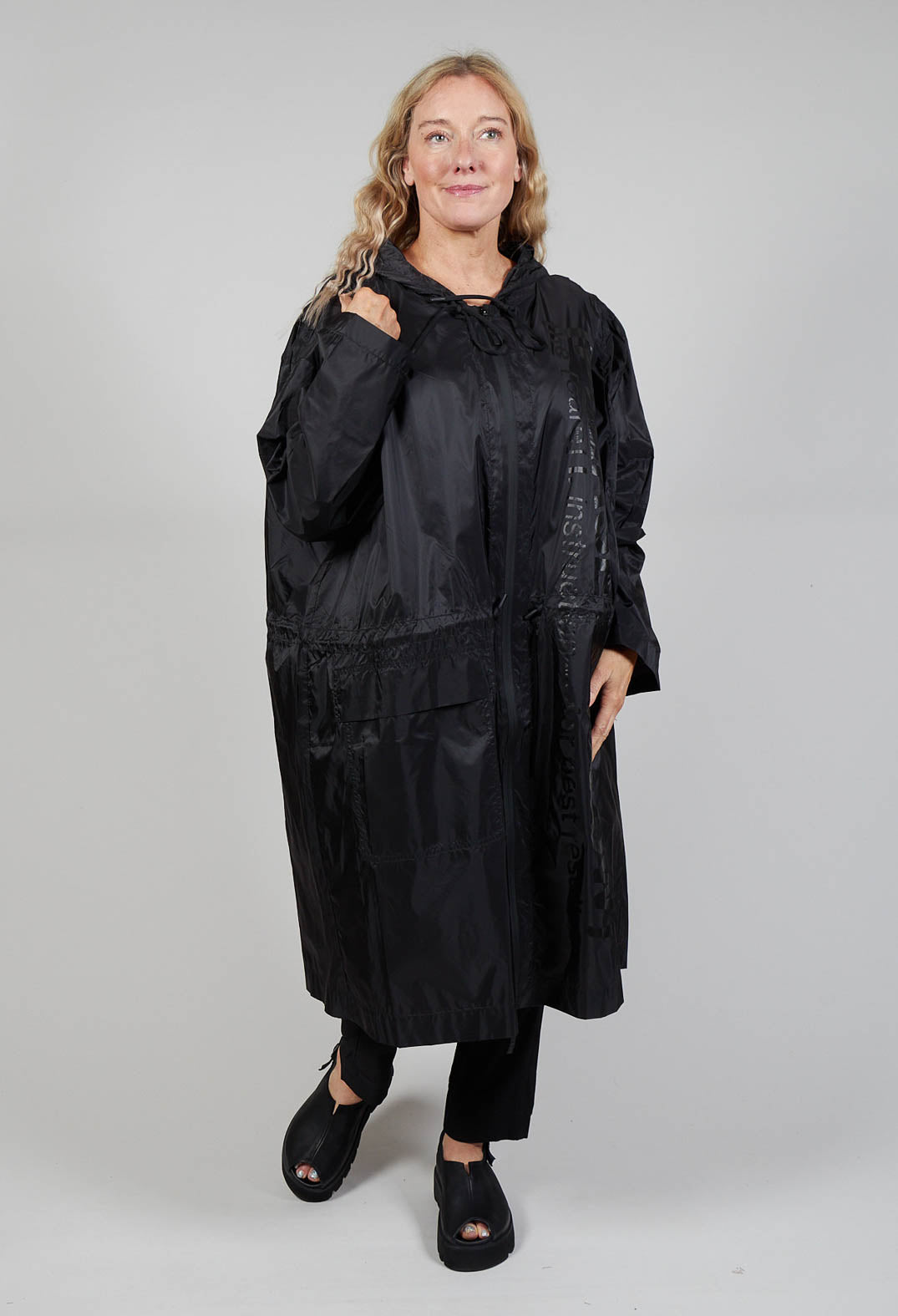 Longline Coat with Hood in Black Print