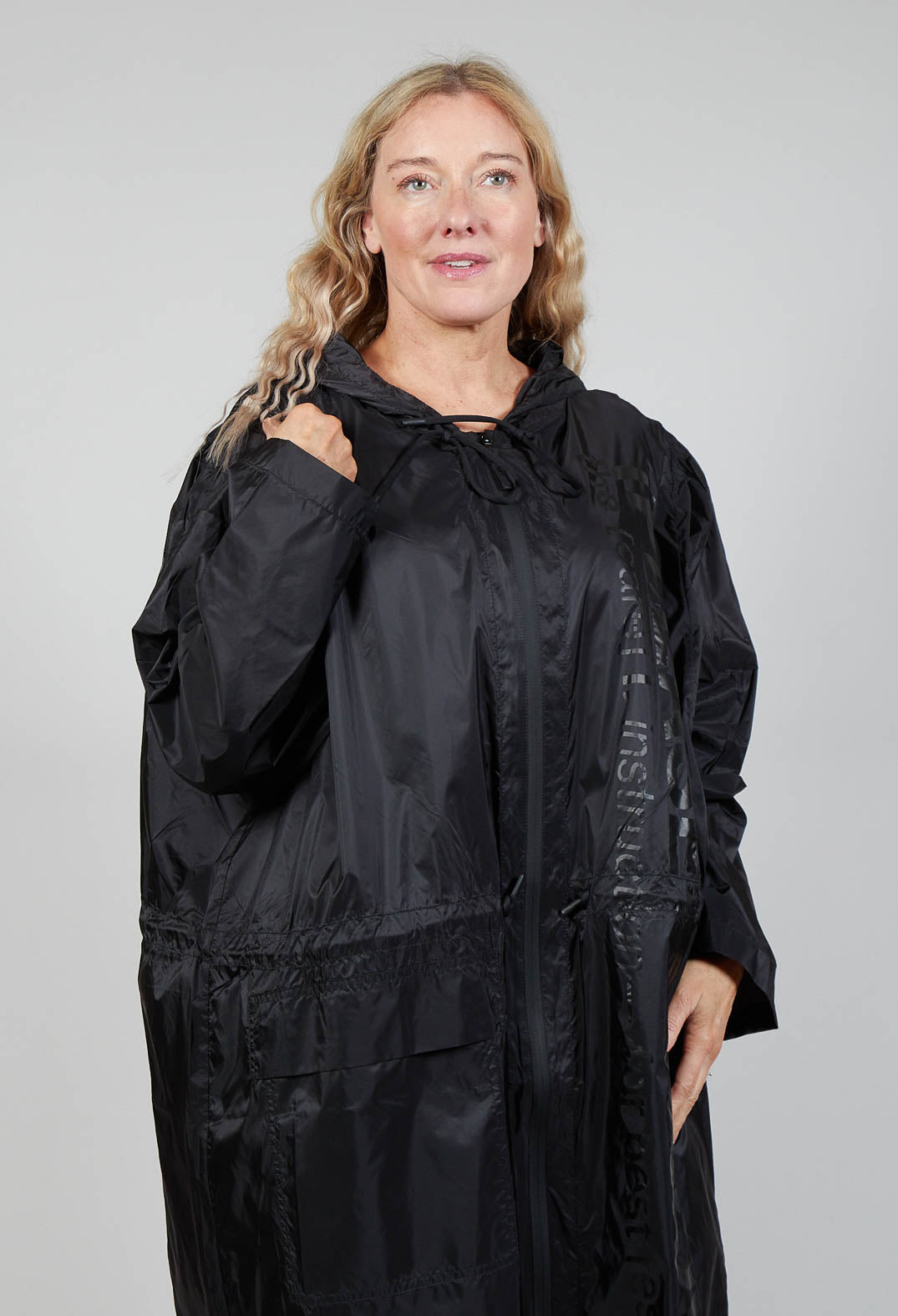 Longline Coat with Hood in Black Print